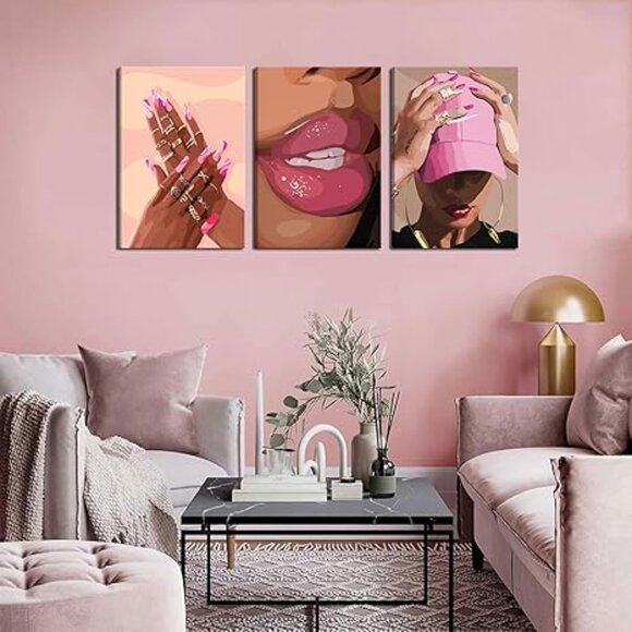 3Pcs African American Black Woman Canvas Wall Art pink - Picture 4 of 5